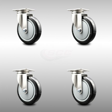 Service Caster 5 Inch 316SS Black Polyurethane Wheel Swivel Top Plate Caster Set SCC-SS31620S514-PPUB-BLK-4